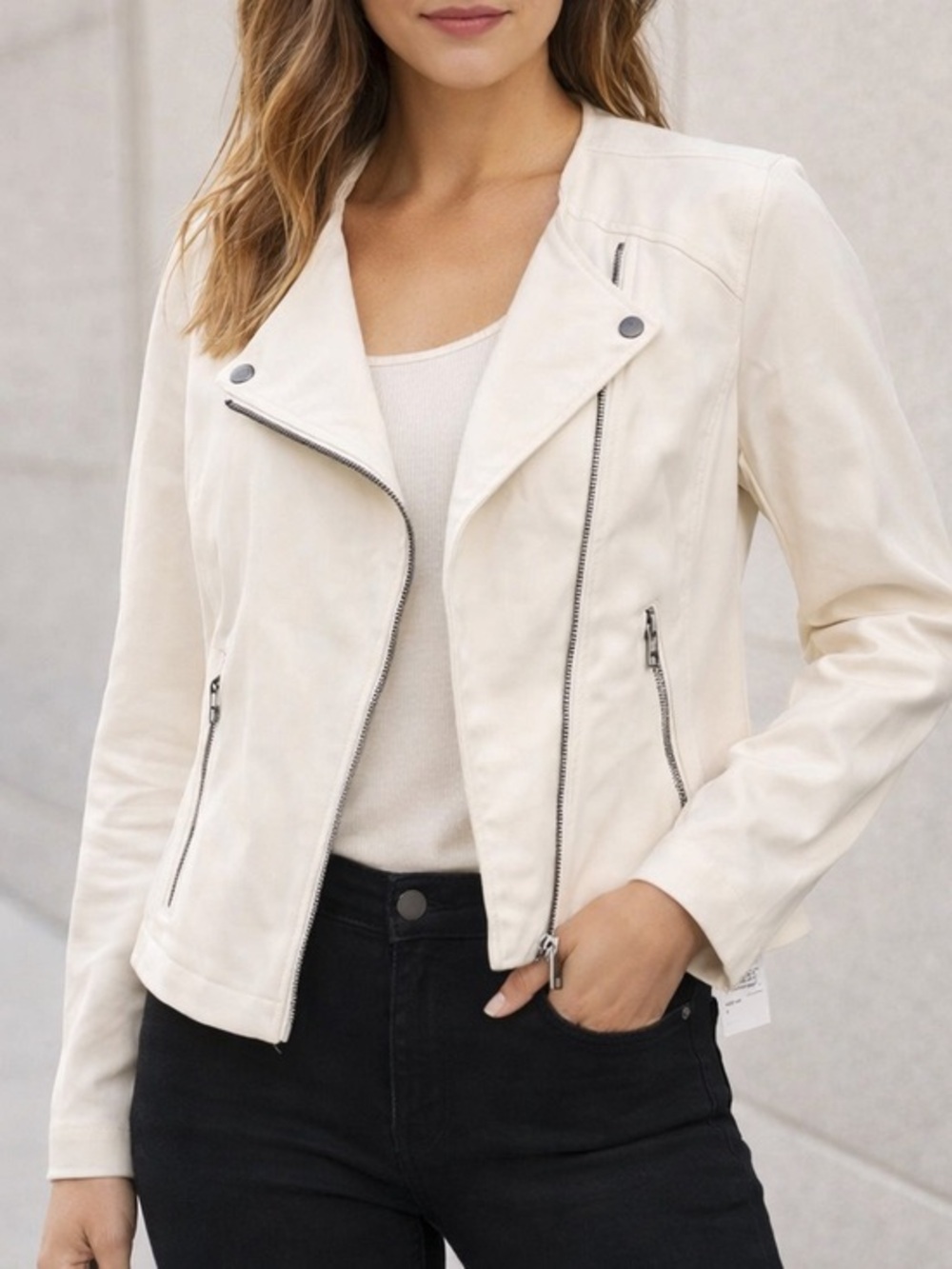 Bagatelle Cream Moto Jacket Asymmetrical Zip Lightweight Chic  NWT size large